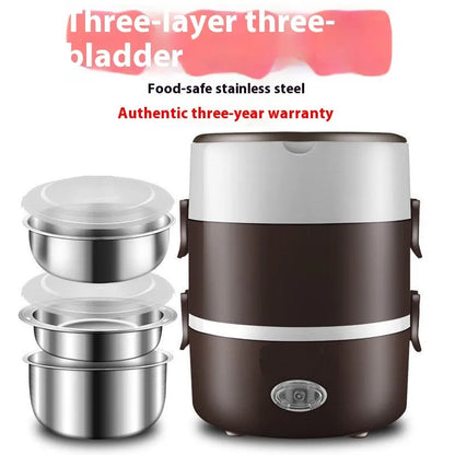 Portable plug-in insulated lunch box with stainless steel inner liner, shown in coffee and pink colour options.