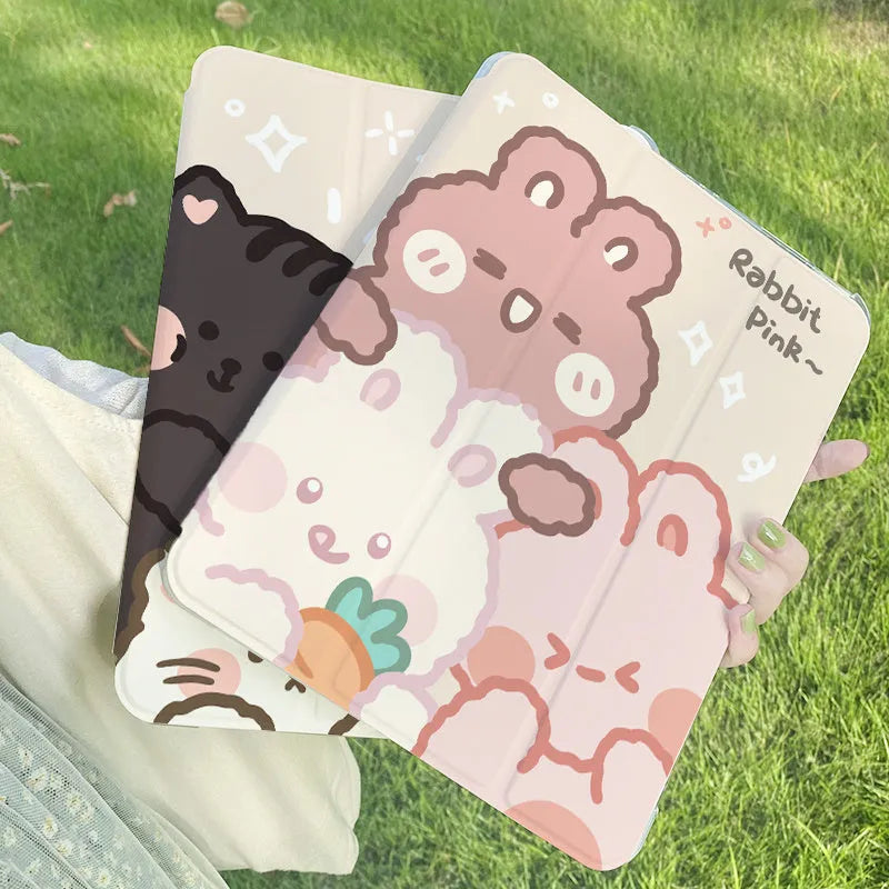 Rabbit Flat Tri-Fold Protective Case for iPad in silicone with cartoon design, showing tri-fold stand and compatibility with multiple models.