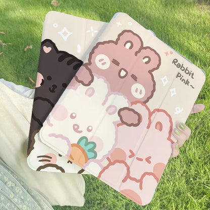 Rabbit Flat Tri-Fold Protective Case for iPad in silicone with cartoon design, showing tri-fold stand and compatibility with multiple models.