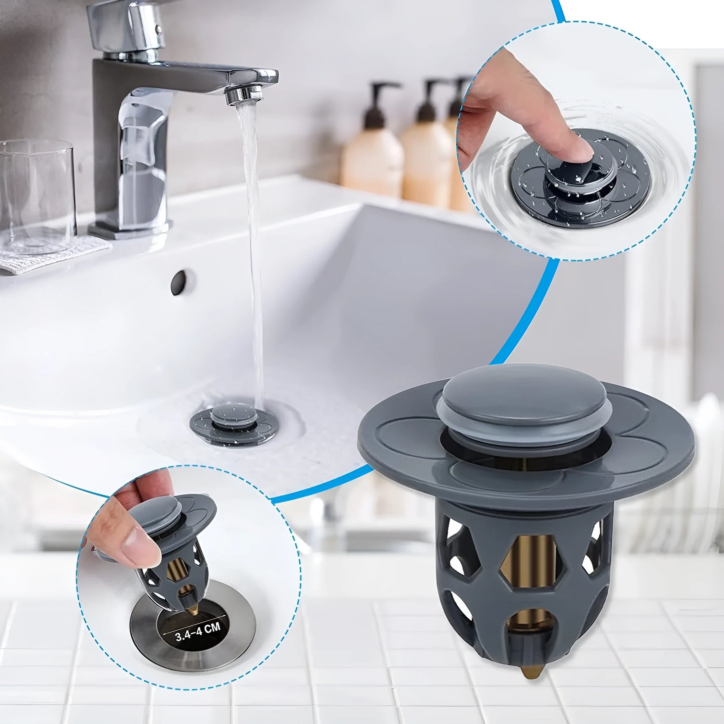 Copper core bouncing washbasin drain plug with universal 1.1-1.5 inch head in metallic finish