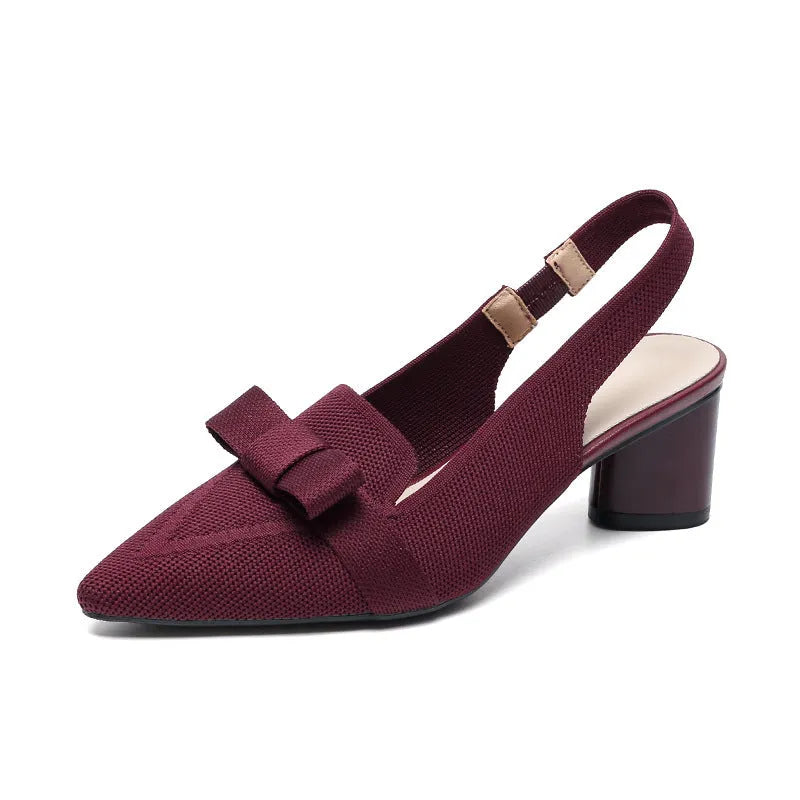 Women's closed toe high heel sandals with back strap and decorative bow in fabric uppers