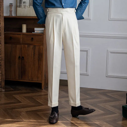 Men's high waist straight leg casual trousers in black, shown laid flat.