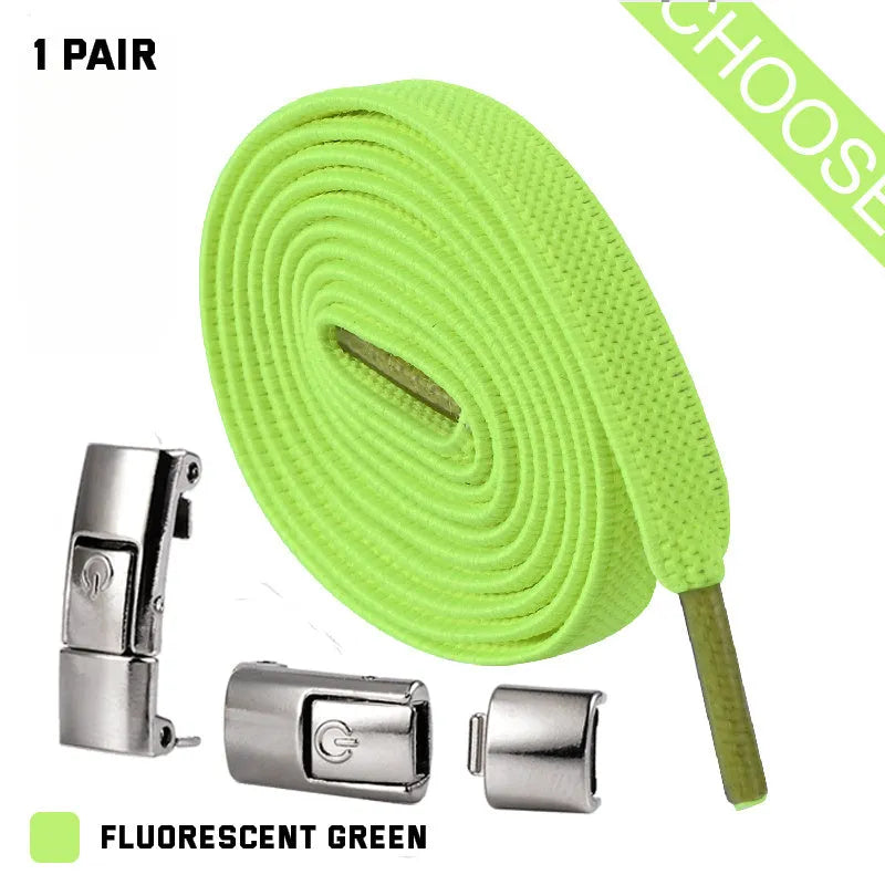 Press lock elastic shoelace with 8mm widened flat profile in assorted colours.