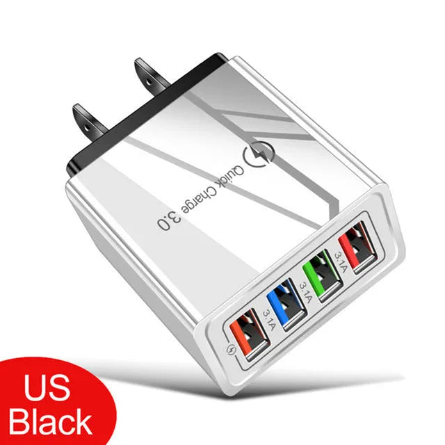 Four-port USB mobile phone charging head with luminous indicator in multiple colour options