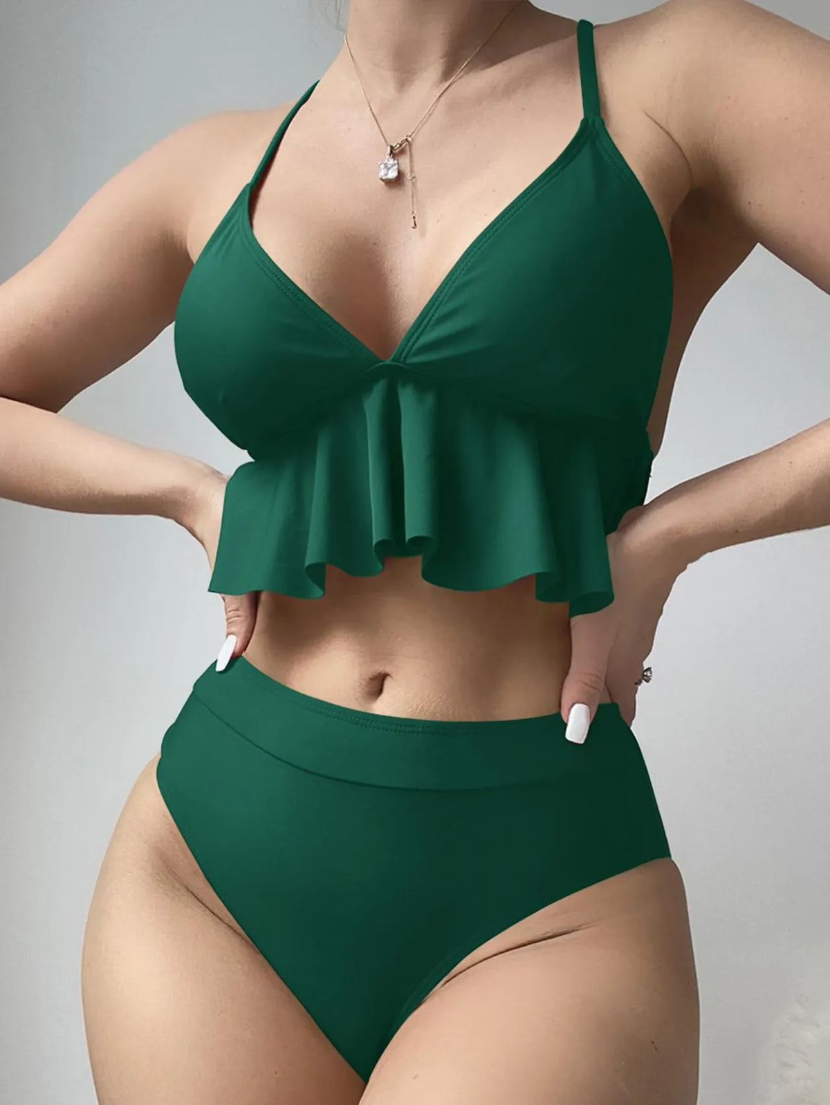 Women's solid colour split bikini swimsuit in black, army green, brick red or blue