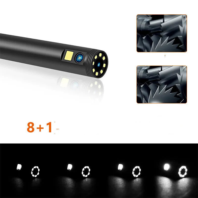 F300 wireless dual lens endoscope with IP68 waterproof probe, magnet, and hook accessories on a table.