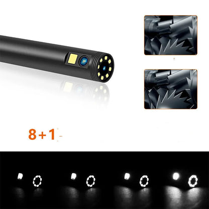 F300 wireless dual lens endoscope with IP68 waterproof probe, magnet, and hook accessories on a table.