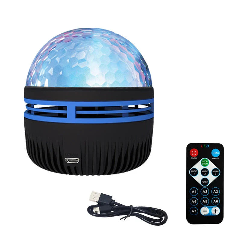LED Galaxy Star Projector with rotating color-changing display, creating a soothing starry night effect in a bedroom