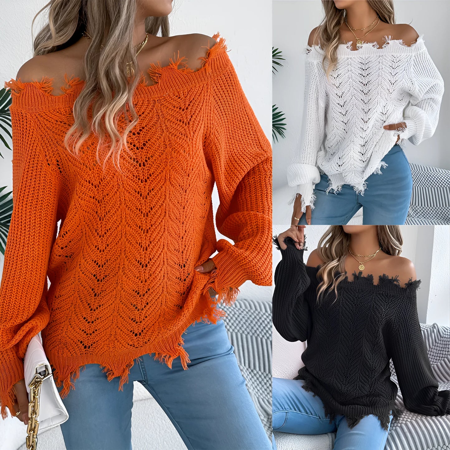 Women's black off-the-shoulder pullover sweater with hollow-out long sleeves on a hanger.