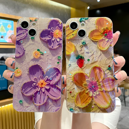 Purple and yellow soft silicone phone case with oil painting flower design and diamond drop glue decoration