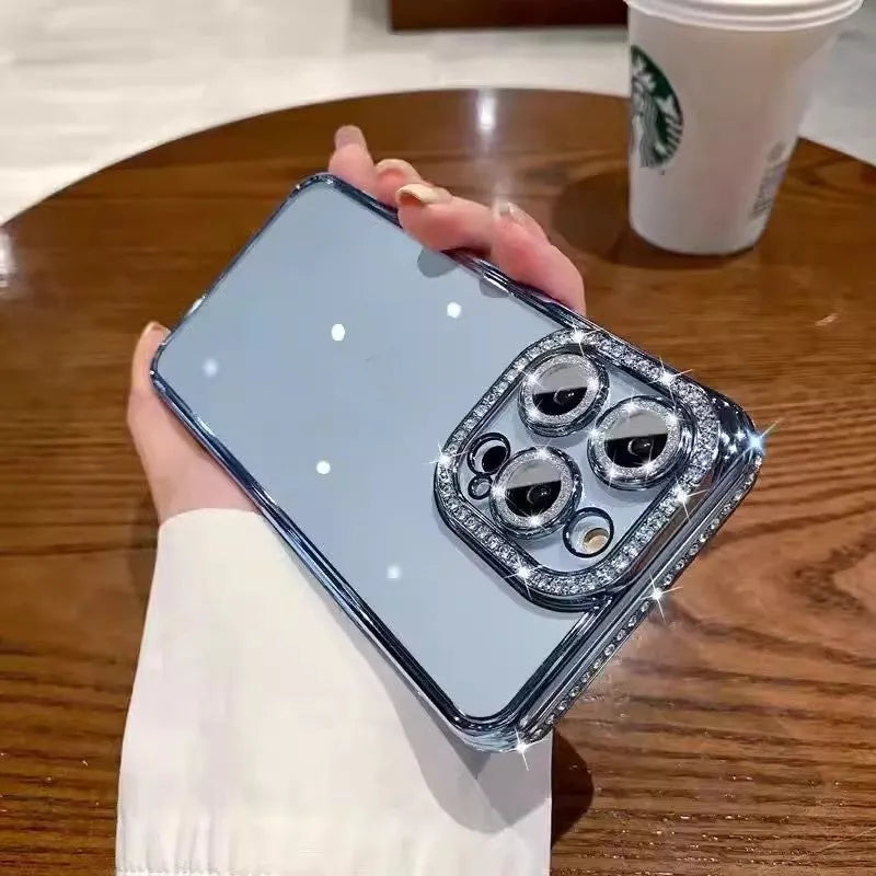 Rhinestone glitter TPU phone case with lens protector, compatible with iPhone 11 to 15 Pro Max, available in black, dark purple, gold, pink, silver and blue.
