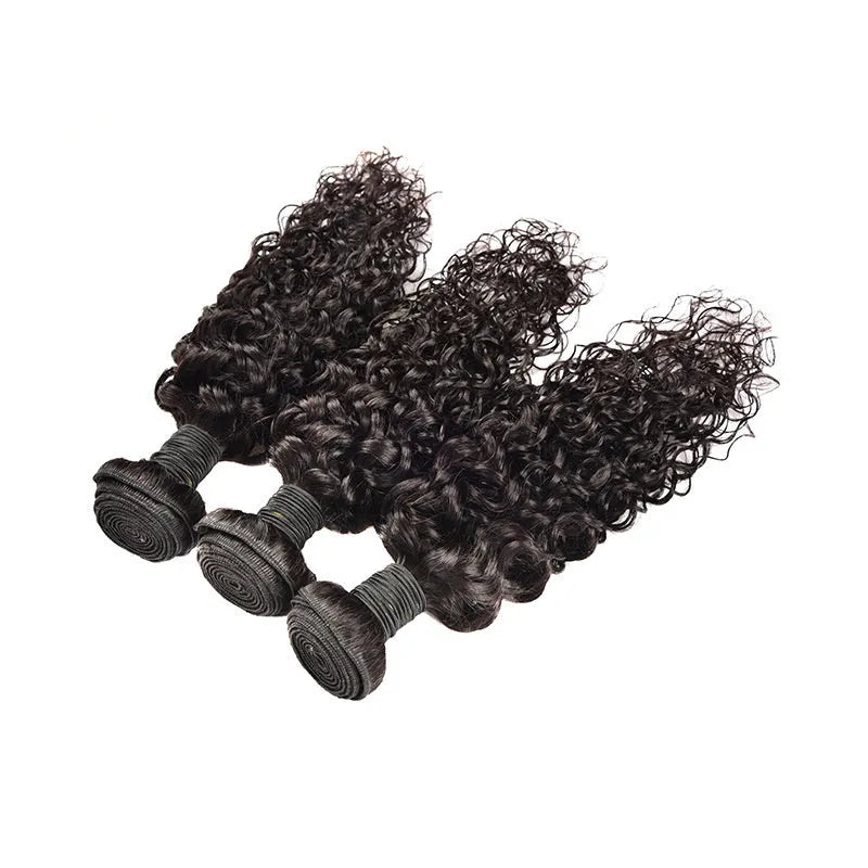 Real human hair water wave extensions in natural colours displayed at various lengths.