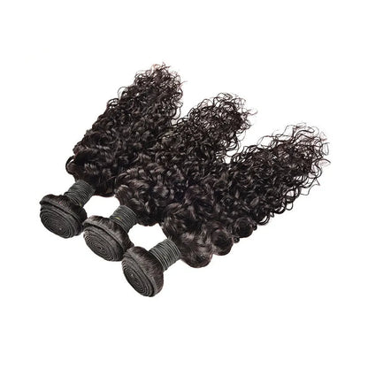 Real human hair water wave extensions in natural colours displayed at various lengths.
