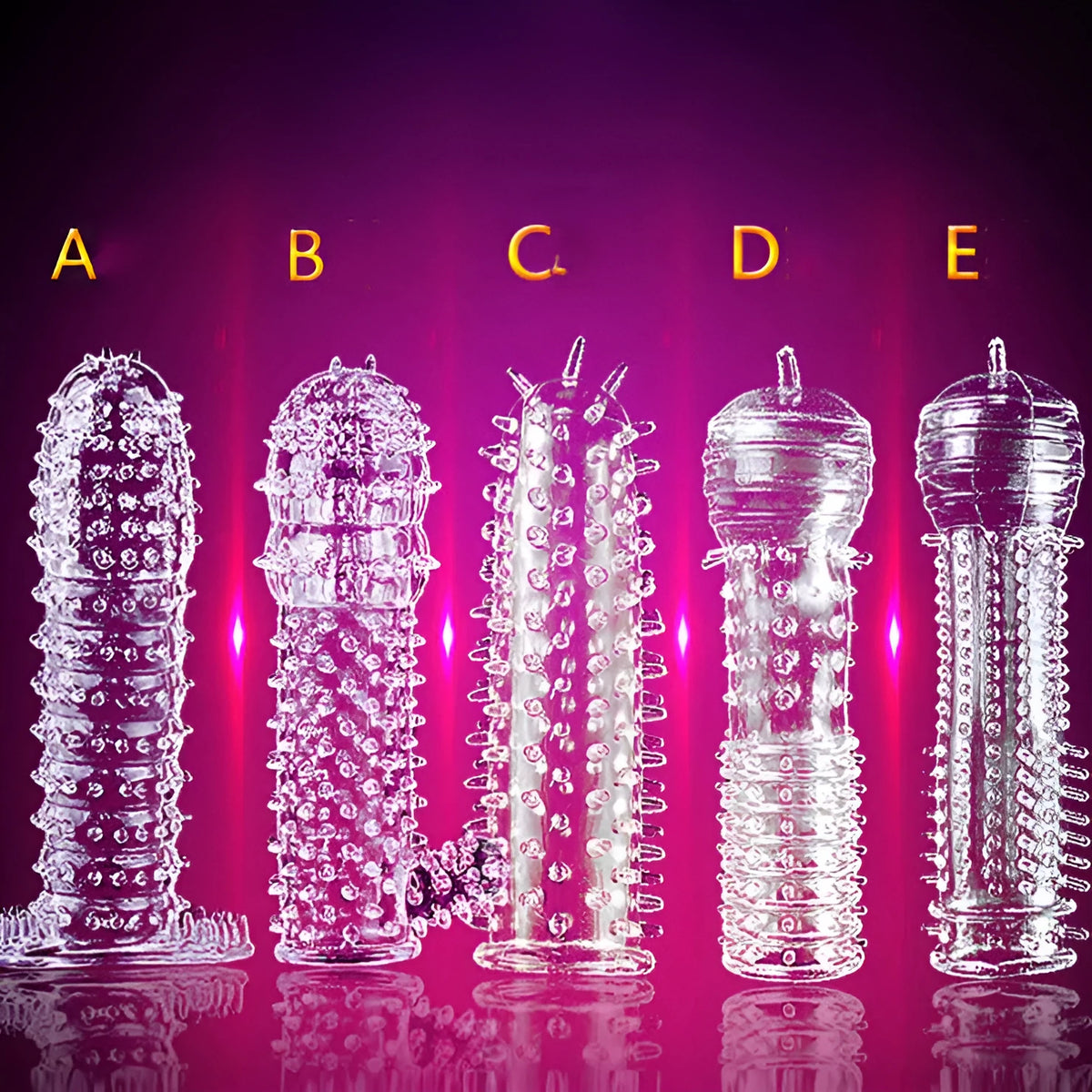 Crystal Exotic transparent soft rubber condom sleeve in five types: Dragon Lip, Dragon Root, Dragon Beard, Dragon Scale, Dragon Spiny.