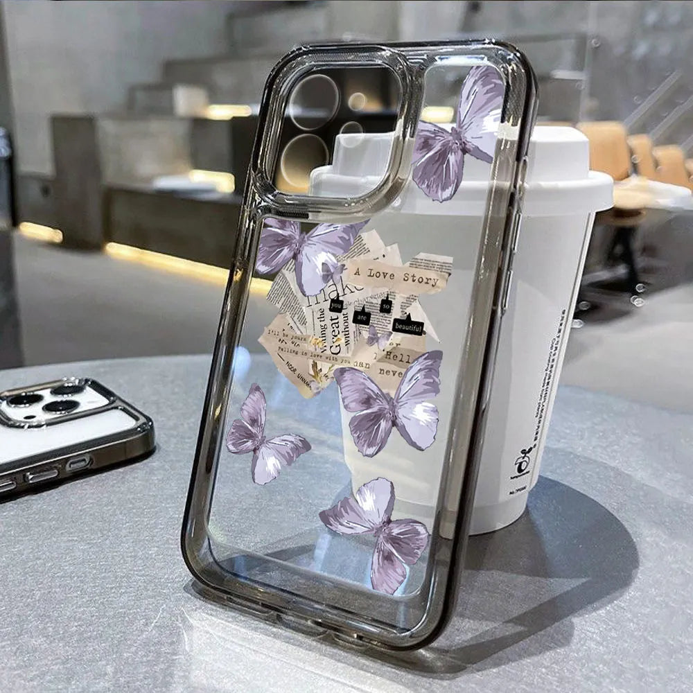 Purple butterfly TPU iPhone case in transparent black or white with lens fine hole and soft shell