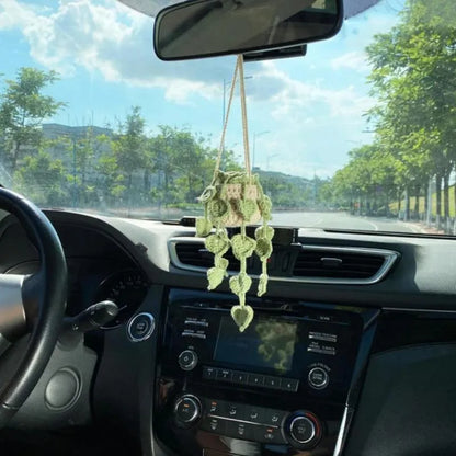 Green and white fishing style car plant decoration with 8cm base and 25cm hanging rope