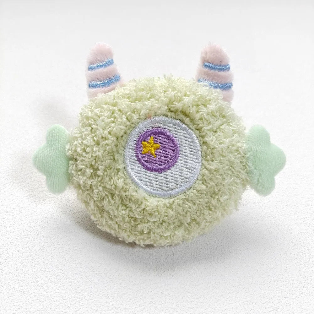 Plush cartoon dog chew toy with large eyes and squeaker in grey, green, pink, white or yellow