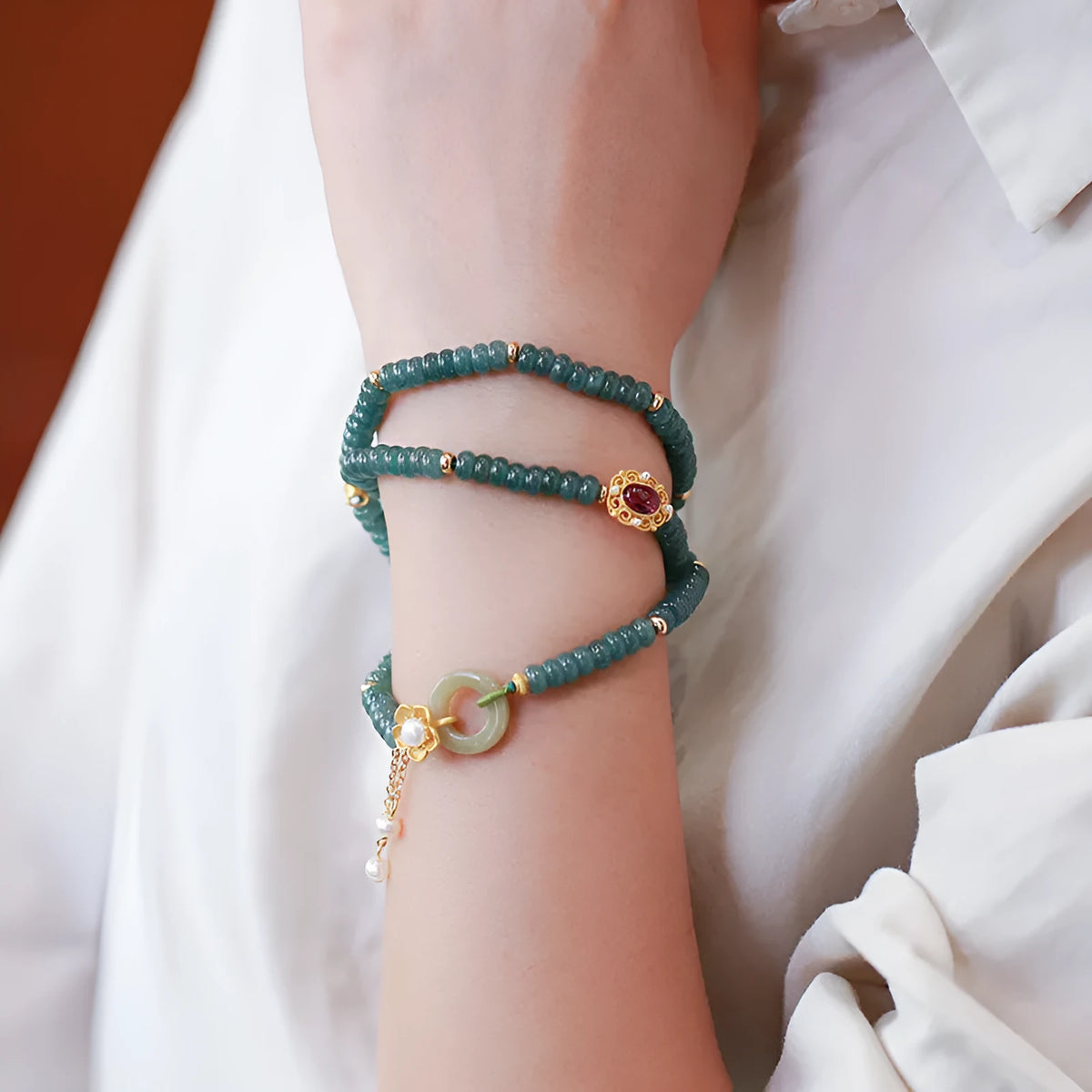 Blue water jade abacus bead bracelet with three rings tourmaline and freshwater pearls