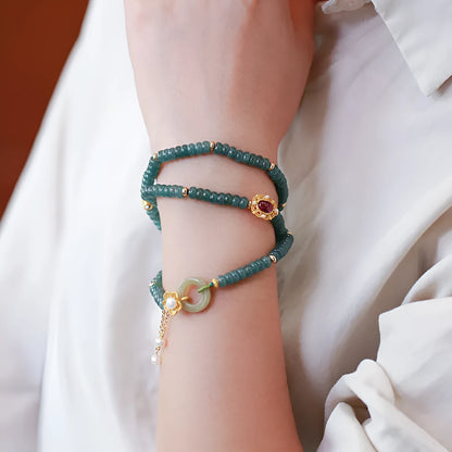 Blue water jade abacus bead bracelet with three rings tourmaline and freshwater pearls