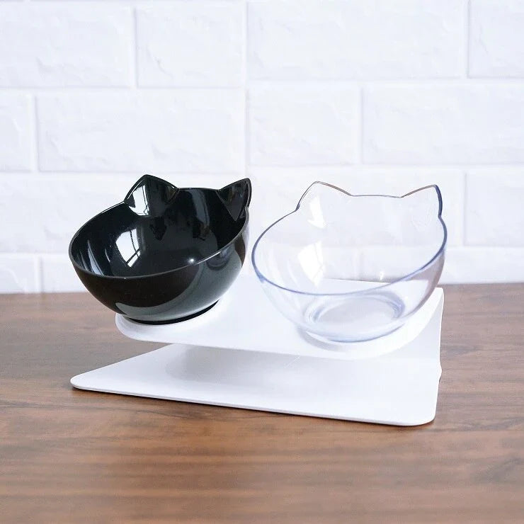 Tilted cat and dog bowls with raised stand, designed to reduce neck strain and protect cervical vertebrae.