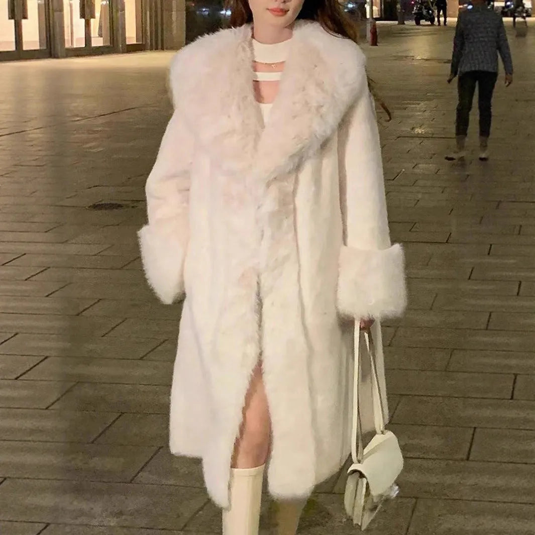 Women's thick faux rabbit fur mid-length coat with fur collar in black, grey, pink, or white, showing 80cm length and regular sleeves.
