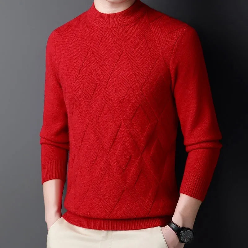 Men's thick winter pullover sweater with diamond jacquard pattern in a light camel colour.