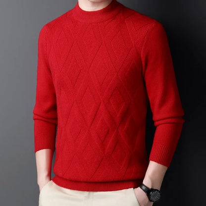 Men's thick winter pullover sweater with diamond jacquard pattern in a light camel colour.