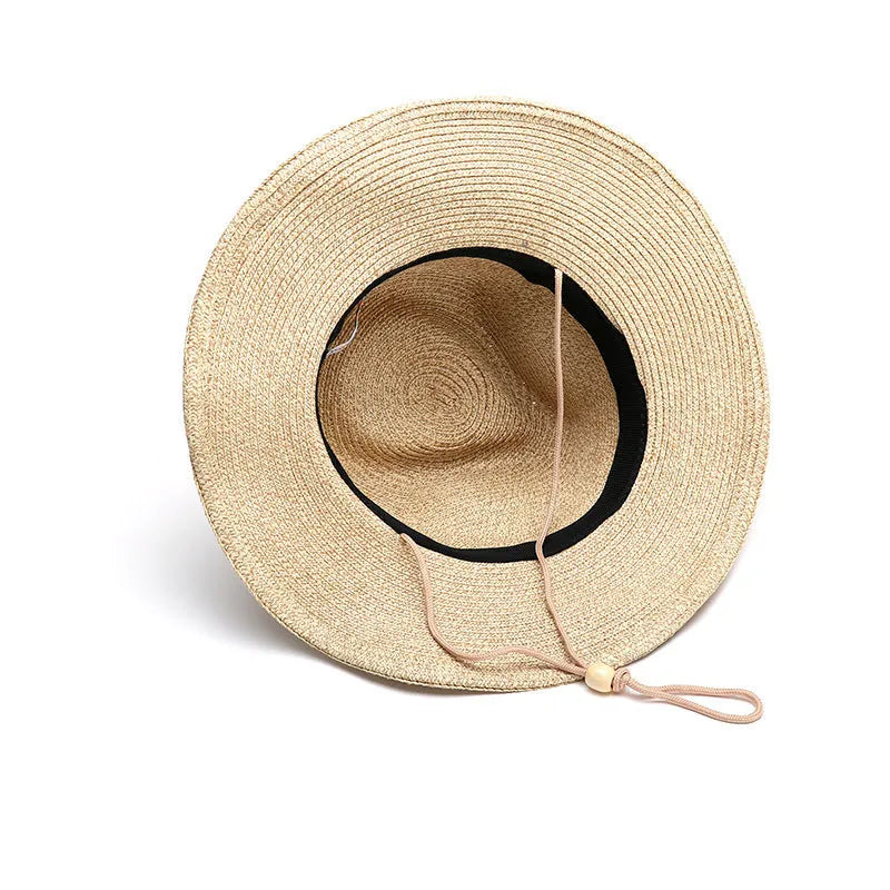 Men's foldable straw sun hat with wide brim in beige colour showing size options