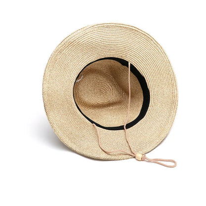 Men's foldable straw sun hat with wide brim in beige colour showing size options
