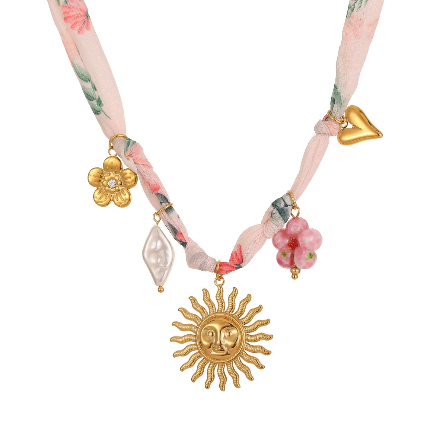 Stainless steel necklace with a geometric sun pendant on an adjustable chain.