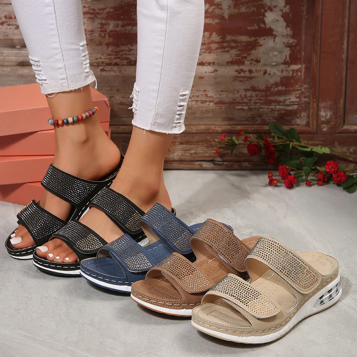 Stylish rhinestone-embellished summer sandals with air cushion sole and non-slip design