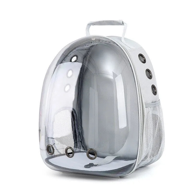 Grey PC plastic side opening pet carrier backpack for cats on a white background.