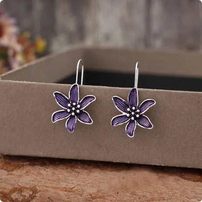 Retro purple flower alloy earrings with electroplated finish, approximately 2cm diameter