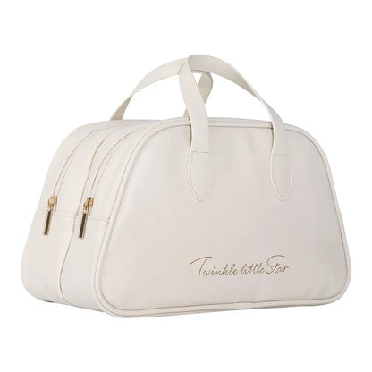 Leather travel toiletry bag with dry-wet separation compartments in caramel mocha colour