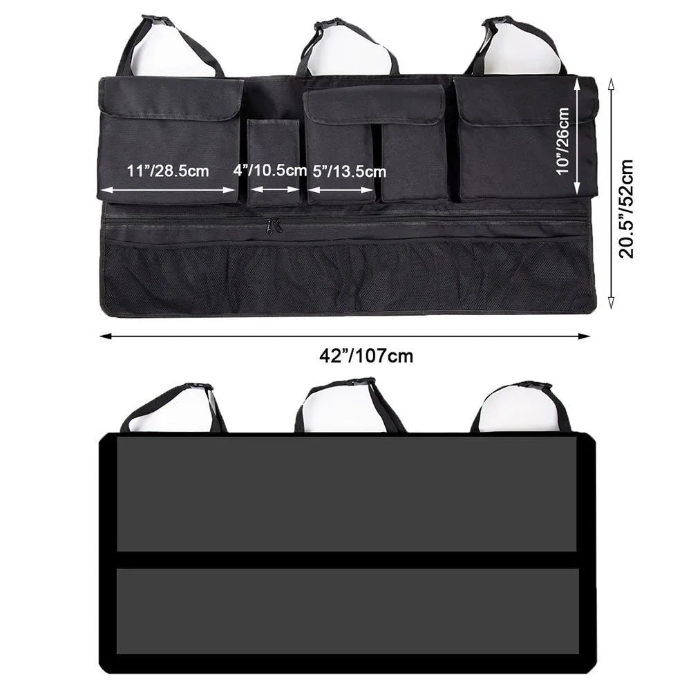 Black car hanging storage bag made of waterproof Oxford cloth with a handle, shown hanging in a vehicle boot.