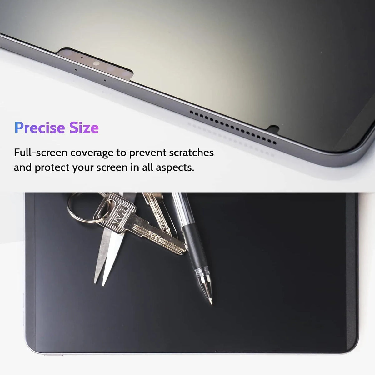 Magnetic suction anti-peeping film on iPad screen with storage clip, showing privacy protection and PET material clarity