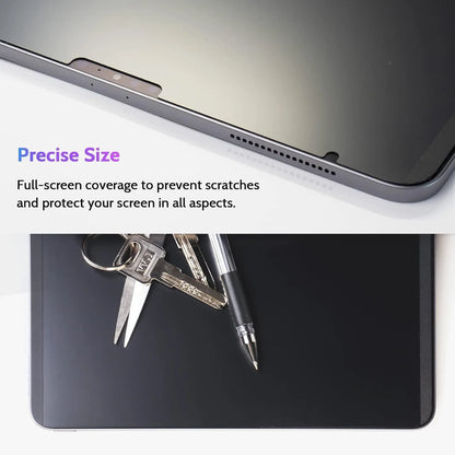 Magnetic suction anti-peeping film on iPad screen with storage clip, showing privacy protection and PET material clarity