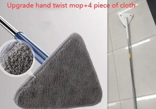 Blue extendable triangle cleaning mop with rotating head on a stainless steel pole.