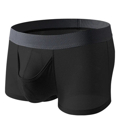 Men's ice silk boxer shorts in nylon mesh fabric showing low-waist design