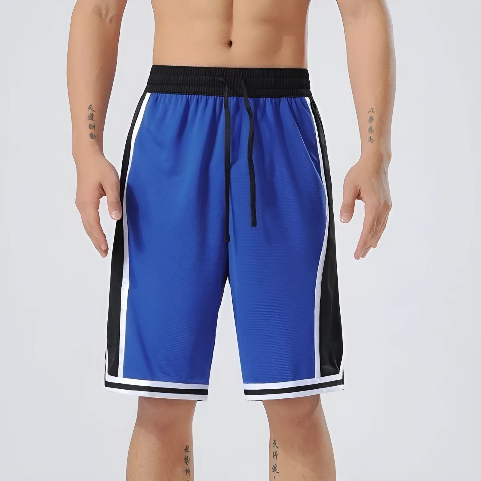 Men's straight-leg polyester sports training shorts in a grey colour, shown on a model.