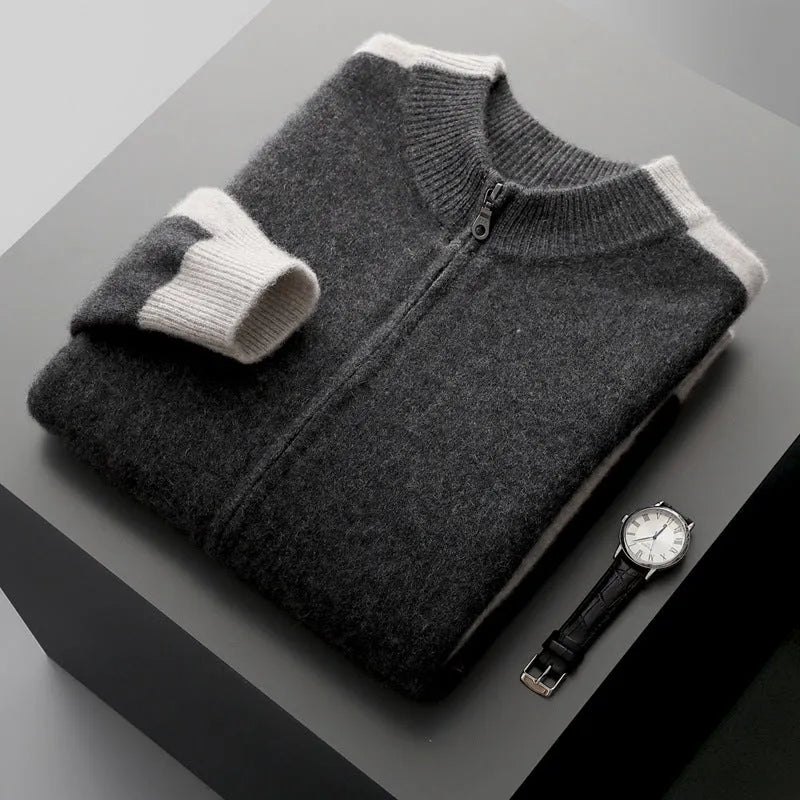 Men's half turtleneck zipper cardigan in thickened wool yarn, loose fit, available in four colours