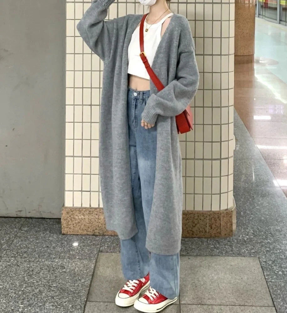 Dark grey loose knitted women's cardigan with 3D pattern texture, 65cm length with long sleeves