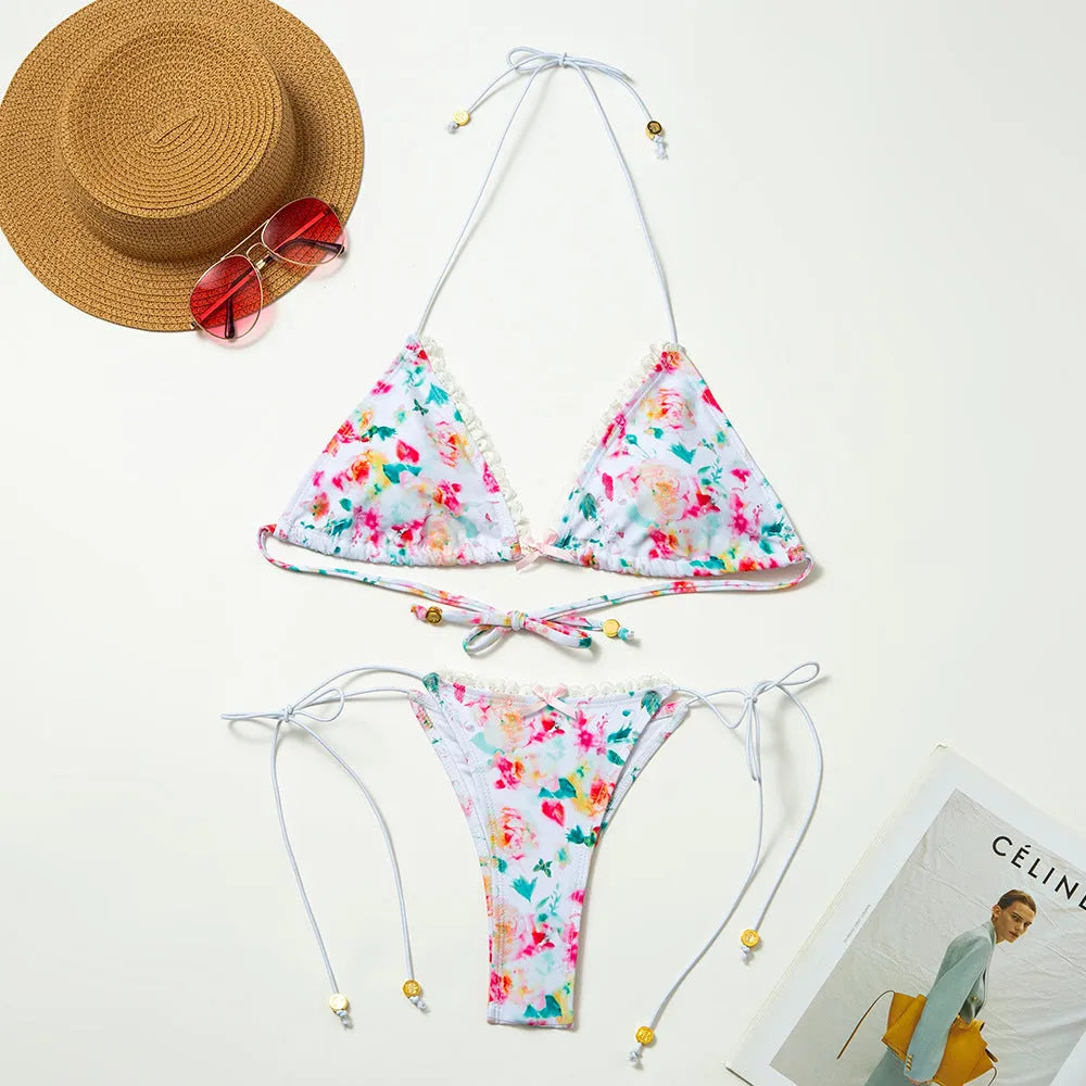 Women's bow detail high elastic bikini set in polyester with floral backless briefs, sizes S M L
