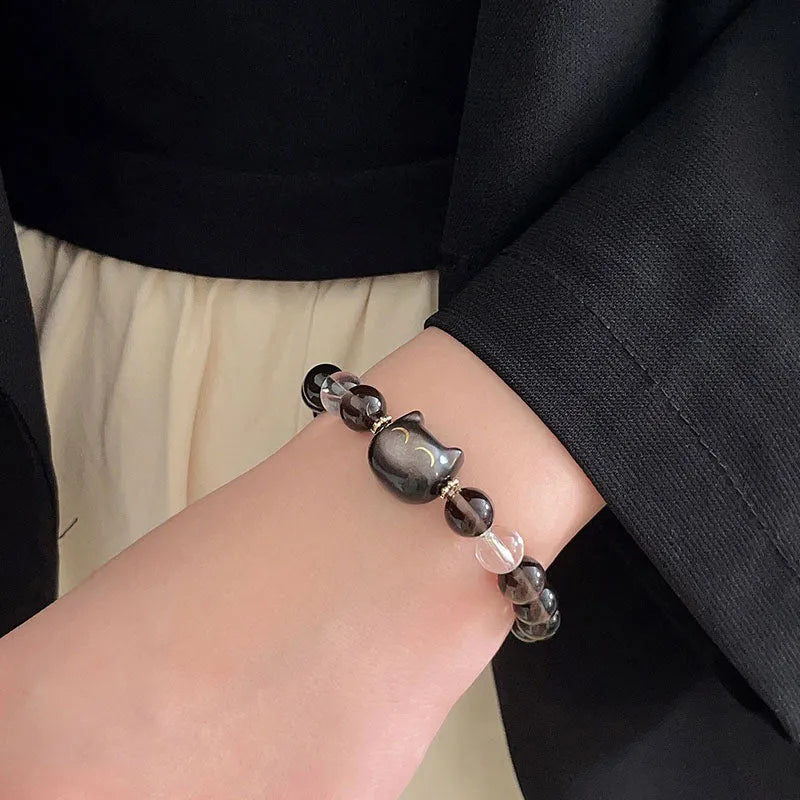Women's silver cat head charm bracelet made from opal stone with an 8mm ice stone bead