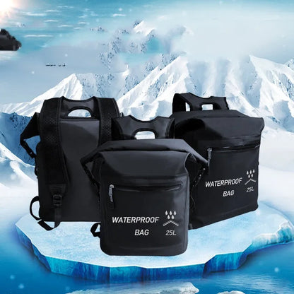 Black 25 litre waterproof backpack for outdoor water activities including swimming and rafting