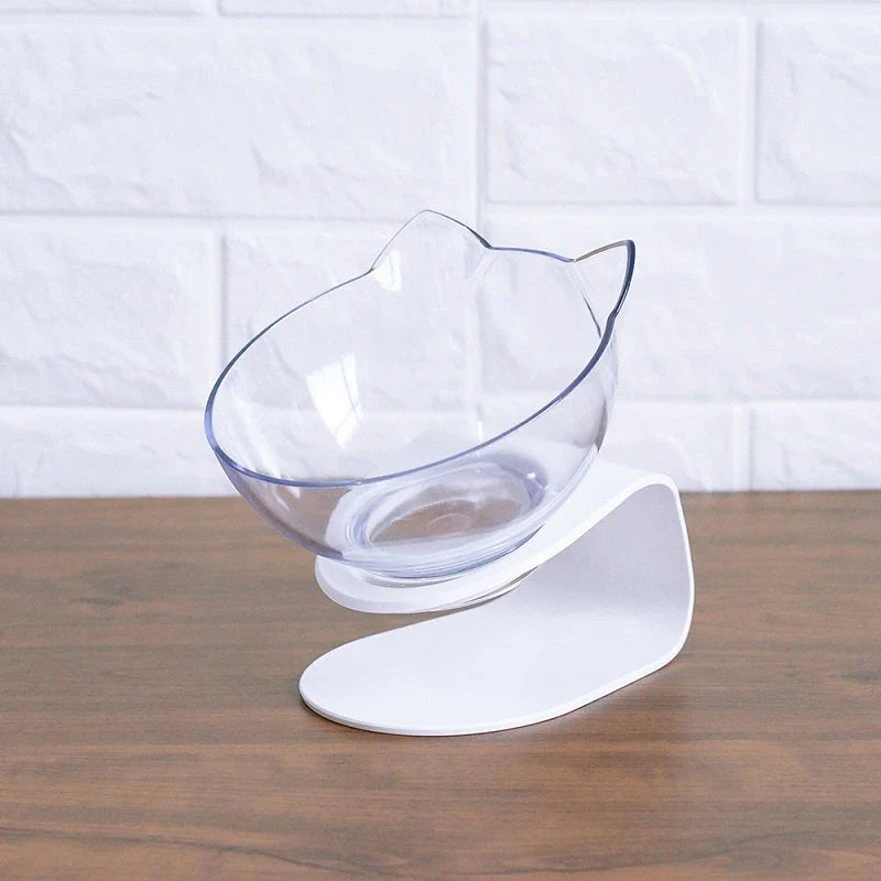 Tilted cat and dog bowls with raised stand, designed to reduce neck strain and protect cervical vertebrae.