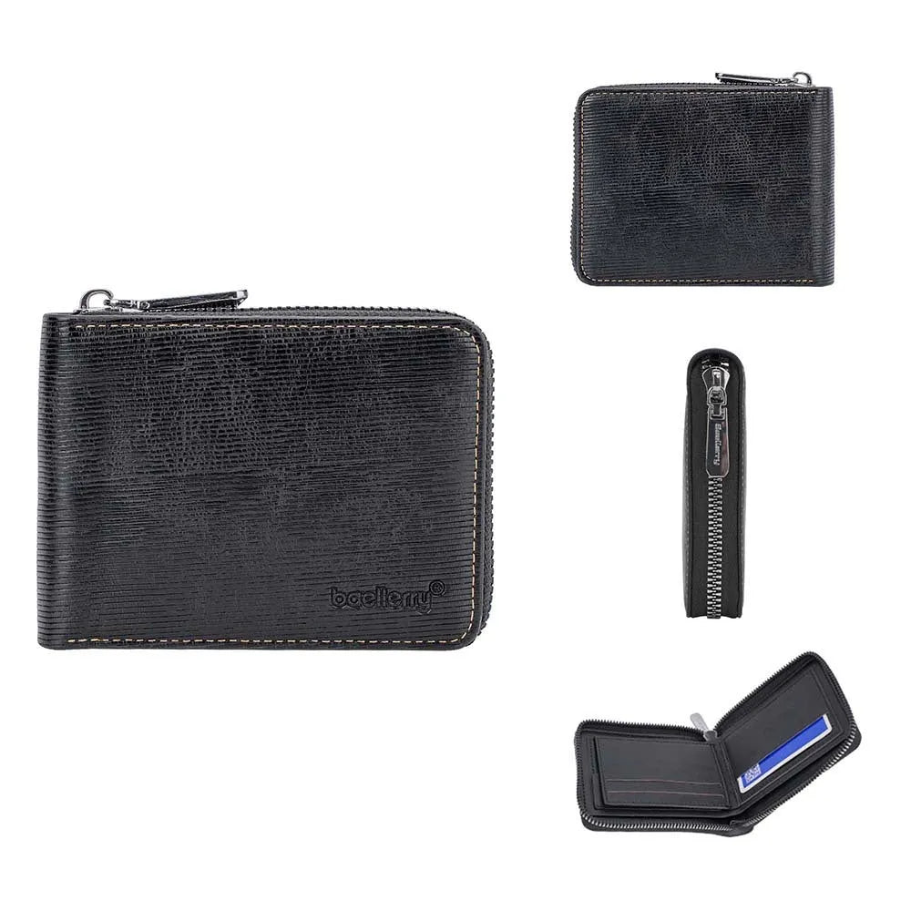 Black leather credit card wallet with anti-theft zipper closure showing embossed pattern and interior organisation