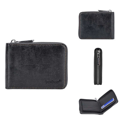 Black leather credit card wallet with anti-theft zipper closure showing embossed pattern and interior organisation