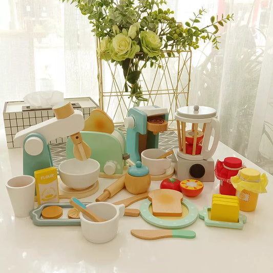 Wooden children's play house toys set featuring kitchen-themed items with maca dragon designs