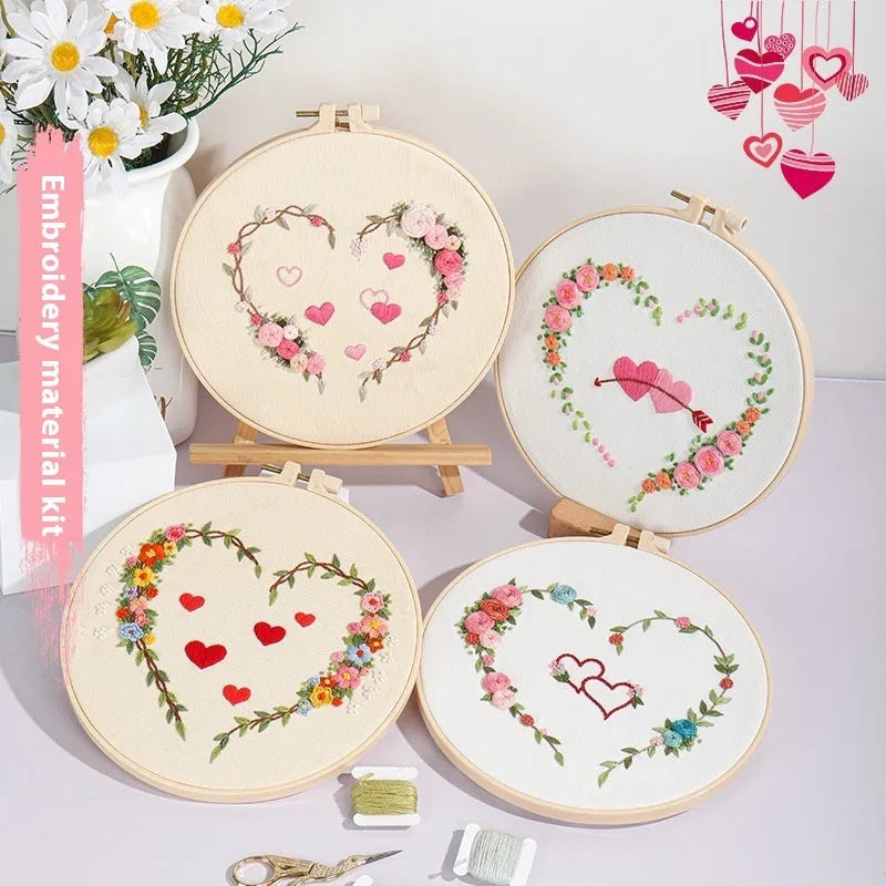 Diy Embroidery Kit for Valentine's Day and romantic gifts, handmade Nordic style heart embroidery material package with cotton cloth, includes 20cm bamboo ring or taboret frame, available in Heart, Pink Heart, Red Heart, or Two Hearts design patterns